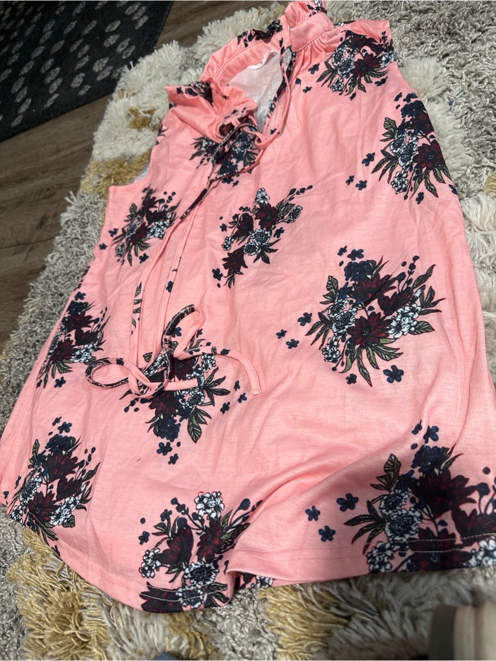 Sleeveless Pink Floral Tie-Neck Blouse